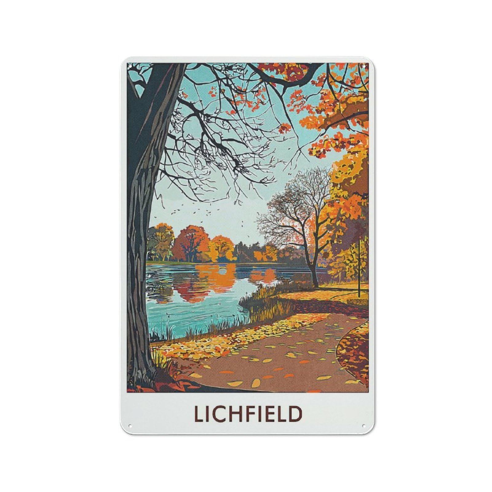 Metal Wall Plaque with Lichfield City Design 30x20cm, Simple Retro Studio Wall Plaque for Hobby Room, Office, Lounge Or Living Room