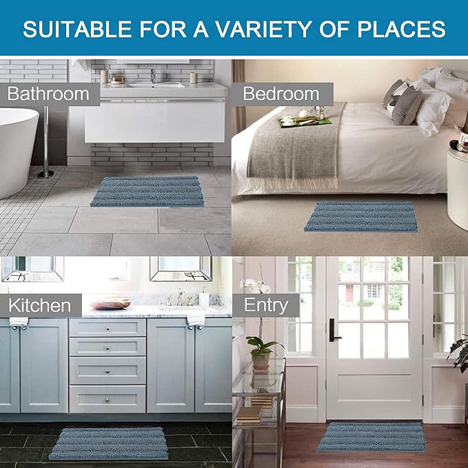 Non Slip Thick Shaggy Chenille Bathroom Rug Mat Set Extra Soft and Absorbent Striped Floor Rugs, 2 Piece, Machine-Washable- Grey