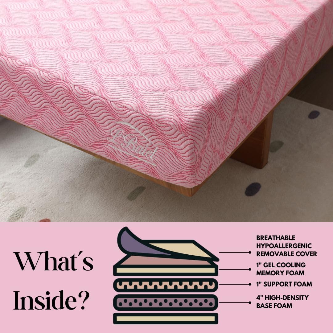 L'Baiet Cooling Memory Foam Mattress - 6 Inch Twin Size - Pink - Medium Firm Bed in a Box - Breathable Plush Soft Cool Memory Foam - CertiPUR-US Certified - Fiberglass Free - Safe for Kids and Adults