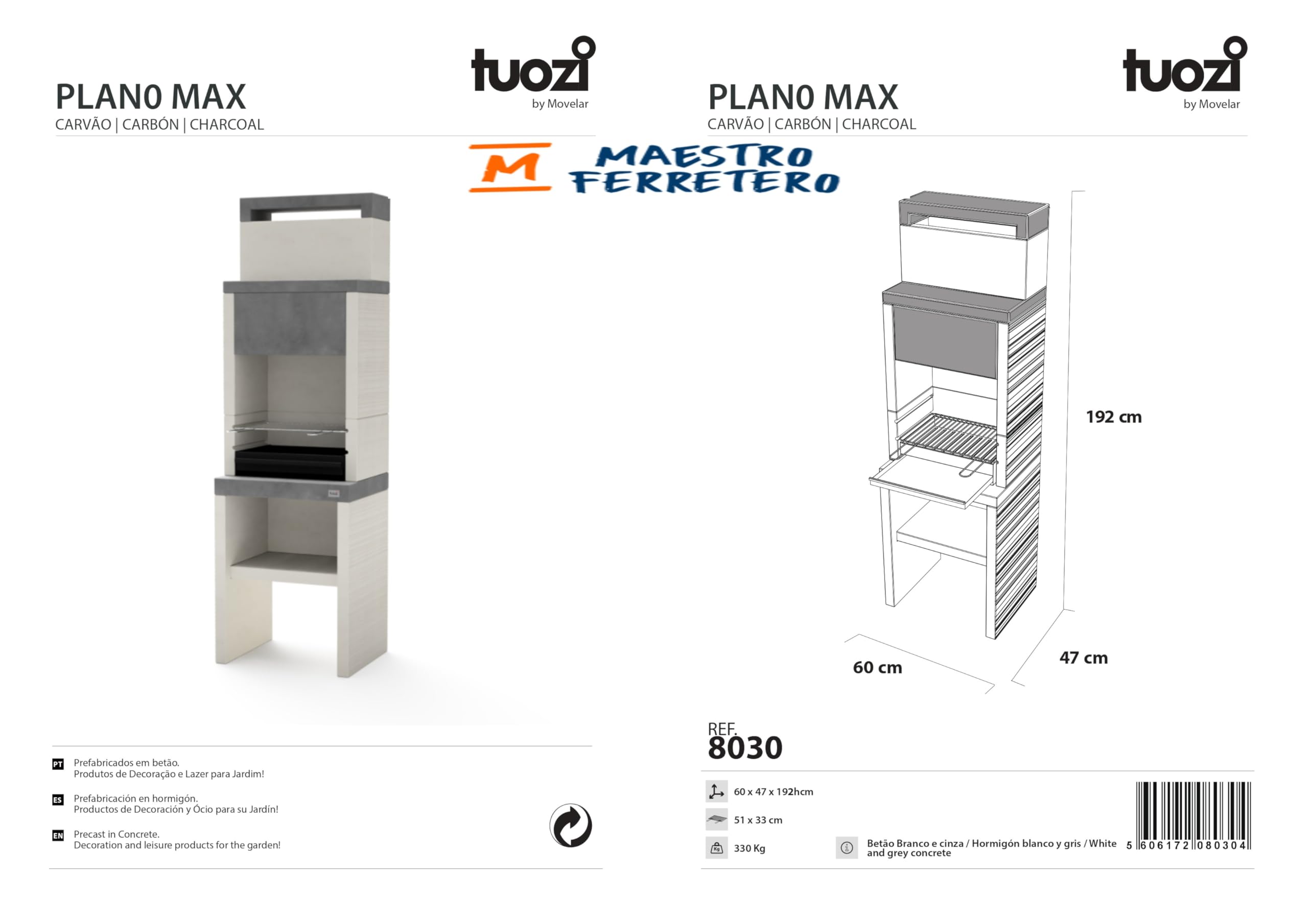 TUOZI - Barbacoa de Obra para Carbón Modelo PLAN 0 MAX (Gris/Blanco - 59 x 47 x 192 cm) REF: 8030 - Uso en Exteriores