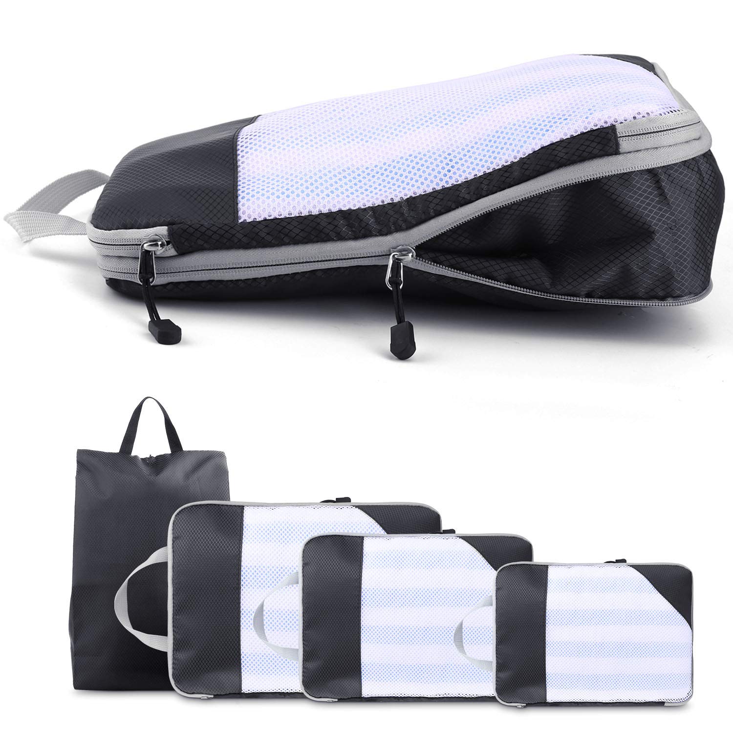 Packing Cubes with Compression for Suitcases, Holiday Essentials, Travel Organiser for Luggage/Backpack, Storage Bags 4 Pieces Sets, Travel Accessories - Black