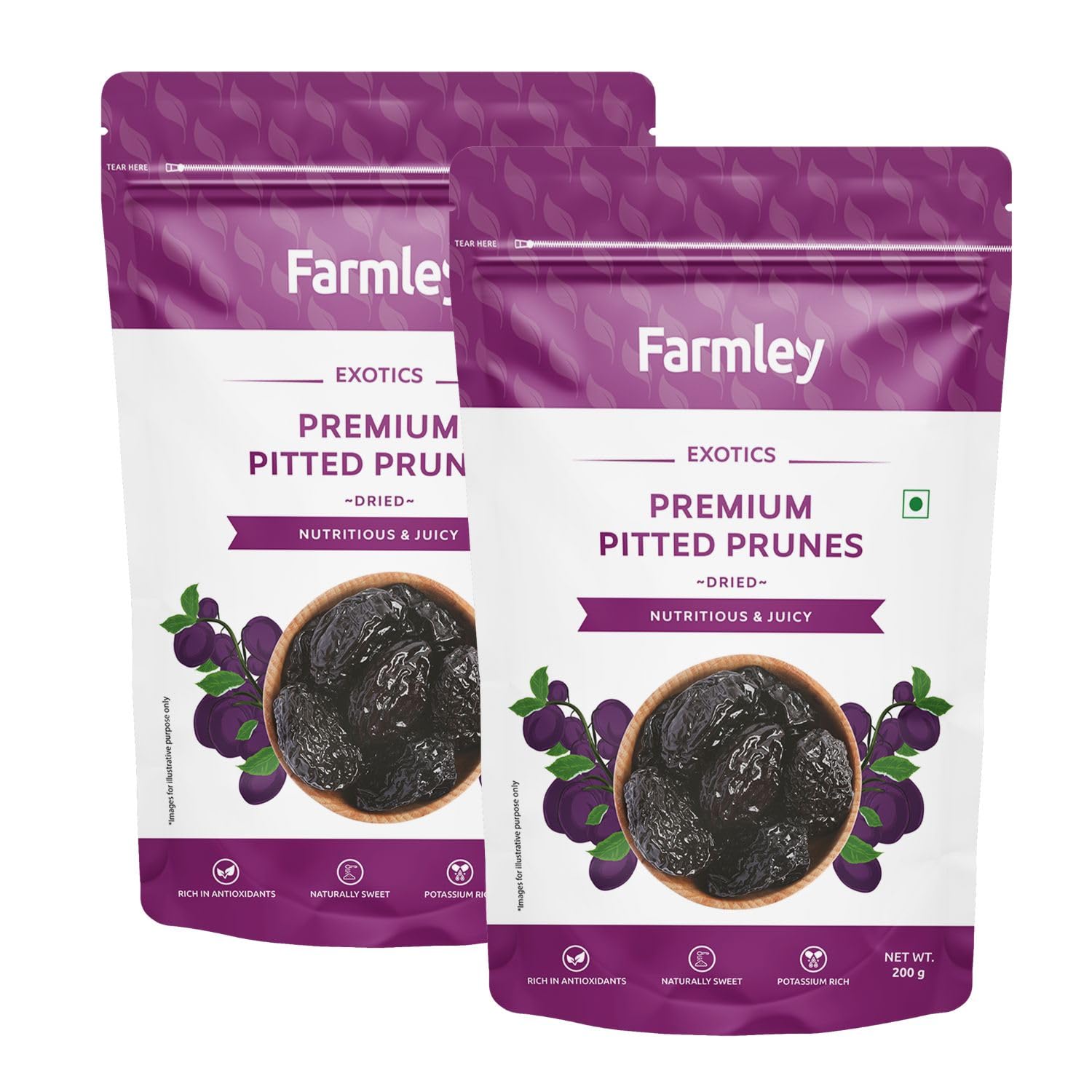 Farmley Premium California Pitted Prunes - Nutritious and Juicy Dried Fruit Plums | High Fibre Source | Resealable Pouch (Pack of 2-200 grams Each) - 400 grams