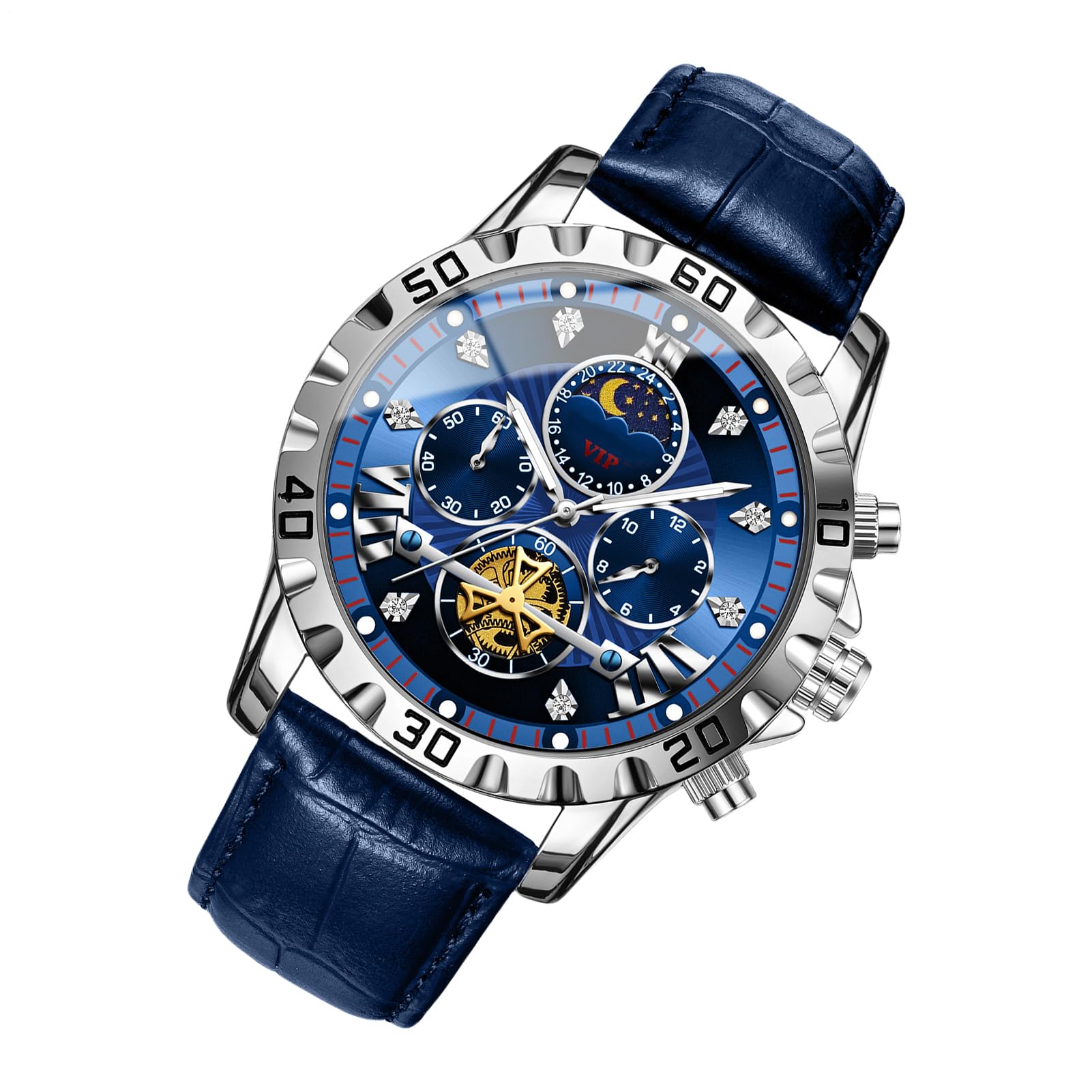 Orologio Meccanico Automatico Da Uomo – Cronografo Sportivo Militare Classico | Quadrante Analogico Luminoso Impermeabile Con Fasi Lunari, Cinturino In Pelle PU Orologio Da Polso Da Lavoro Per Escursi