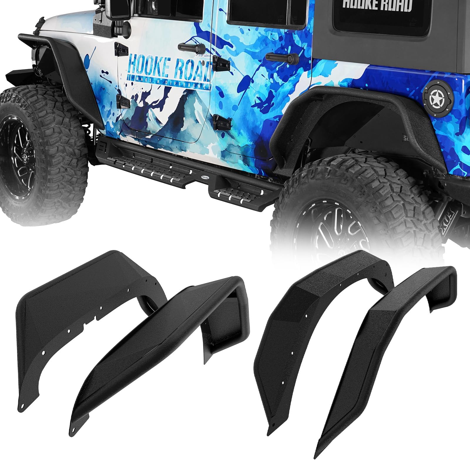 JK Tubular Tube Fender Flares Front & Rear Kit for 2007-2018 Jeep Wrangler JK 2/4 Doors Textured Black Solid Wheel Fenders