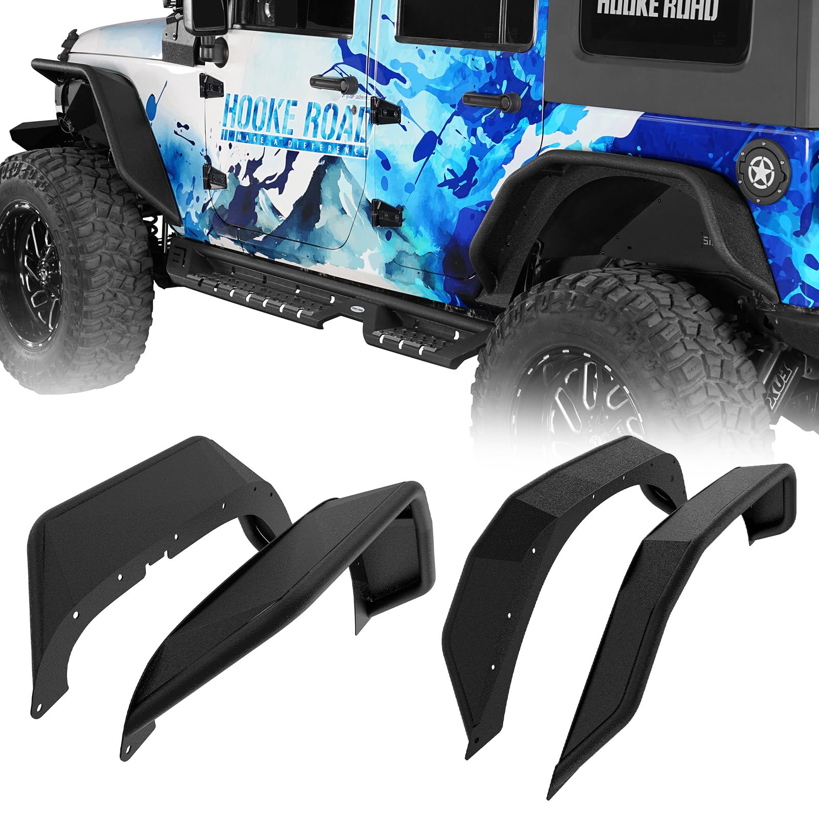 Hooke Road JK Tubular Tube Fender Flares Front & Rear Kit for 2007-2018 Jeep Wrangler JK 2/4 Doors Textured Black Solid Wheel Fenders