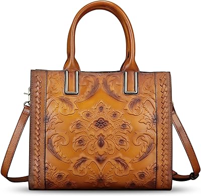 Genuine Leather Satchel for Women Embossed Handbag Top Handle Bags Handmade Purse Crossbody Tote Shoulder Bag (Brown)
