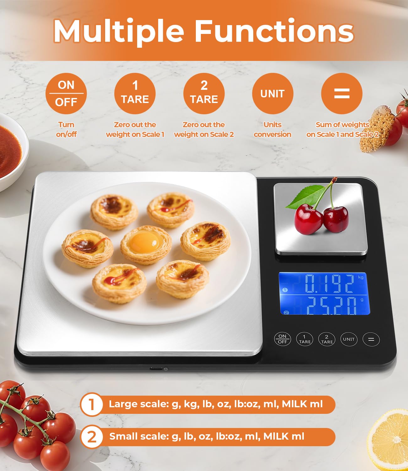 Balance de Cuisine Numérique à Double Plateforme, précision gramme, Rechargeable USB ou Piles, Inox, 7 Unités, Écran LCD – Idéale pour Pâtisserie, Café, Cuisine Maison