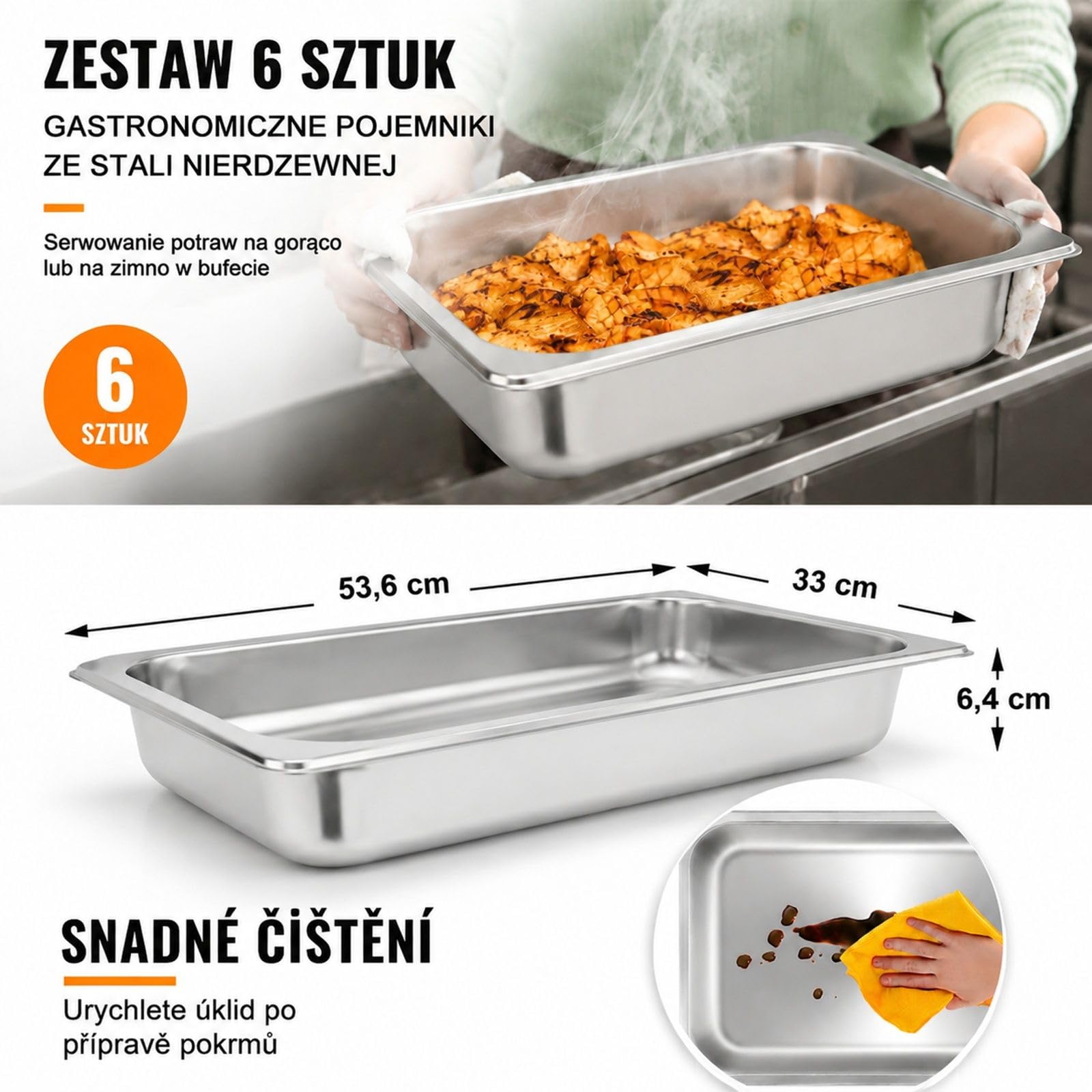 6 sztuk pojemników gastronorm ze stali nierdzewnej z pokrywkami, do bufetu, cateringu i kuchni