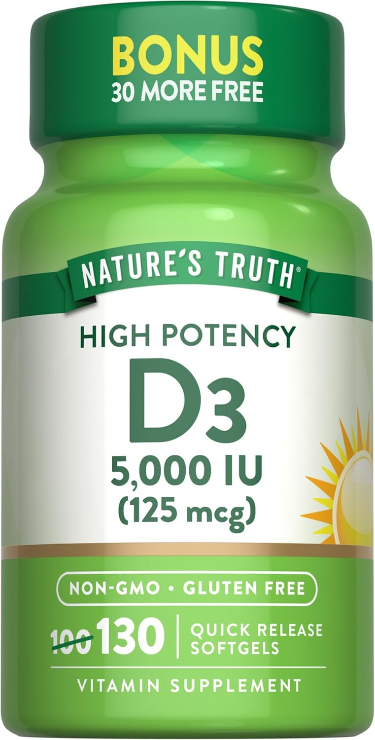 Nature’s Truth Vitamin D3 5000 IU Softgels | 130 Count | High Potency | Non-GMO & Gluten Free Supplement Nature’s Truth Vitamin D3 5000 IU Softgels | 130 Count | High Potency | Non-GMO & Gluten Free Supplement