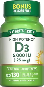 Natures Truth Vitamin D3 5000 IU Softgels | 130 Count | High Potency | Non-GMO & Gluten Free Supplement