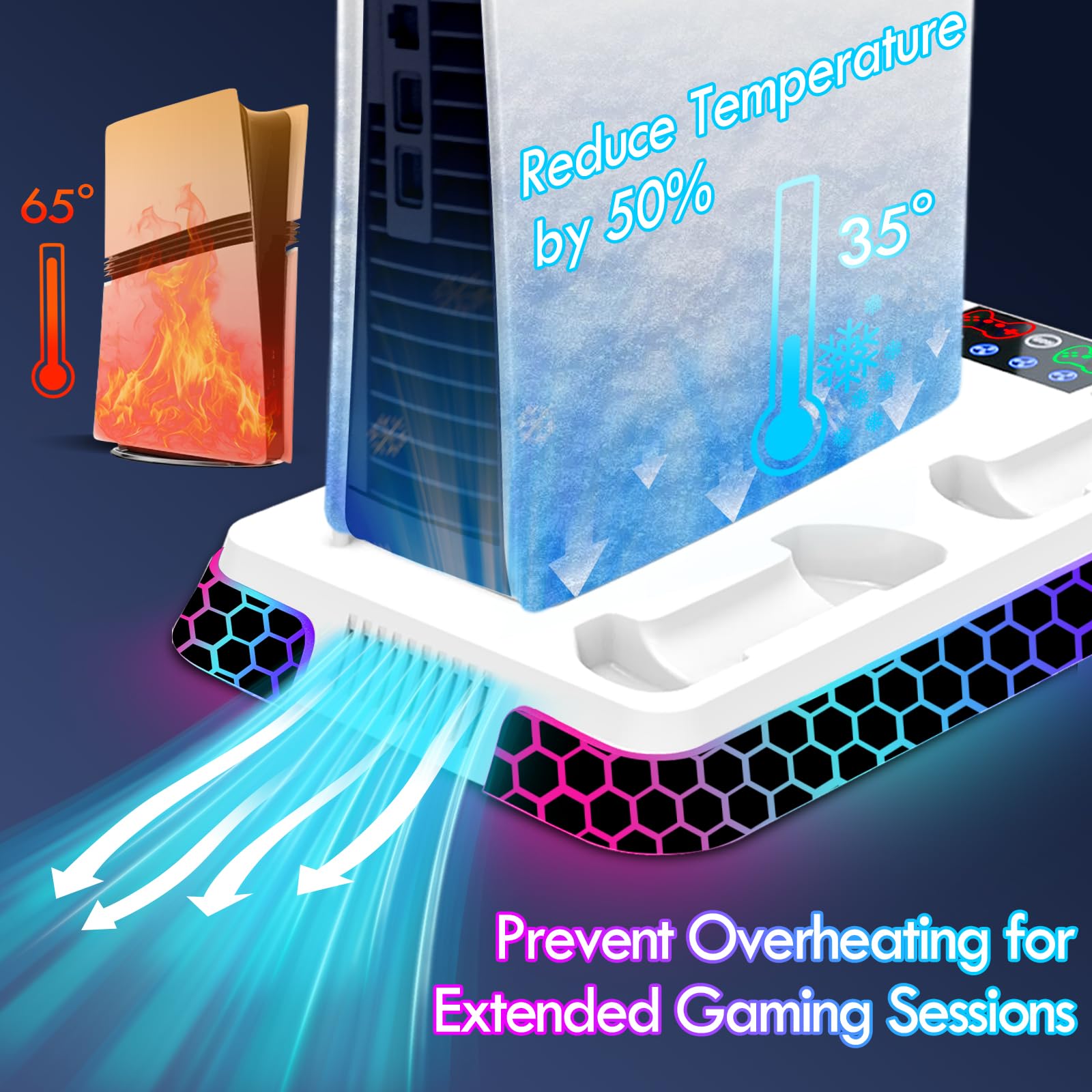 Ugame Estación de refrigeración PS5 para consola PS5/Pro/Slim con luces RGB, soporte PS5 con ventiladores de refrigeración silenciosos de 3 niveles, cargador de controlador dual y concentradores USB