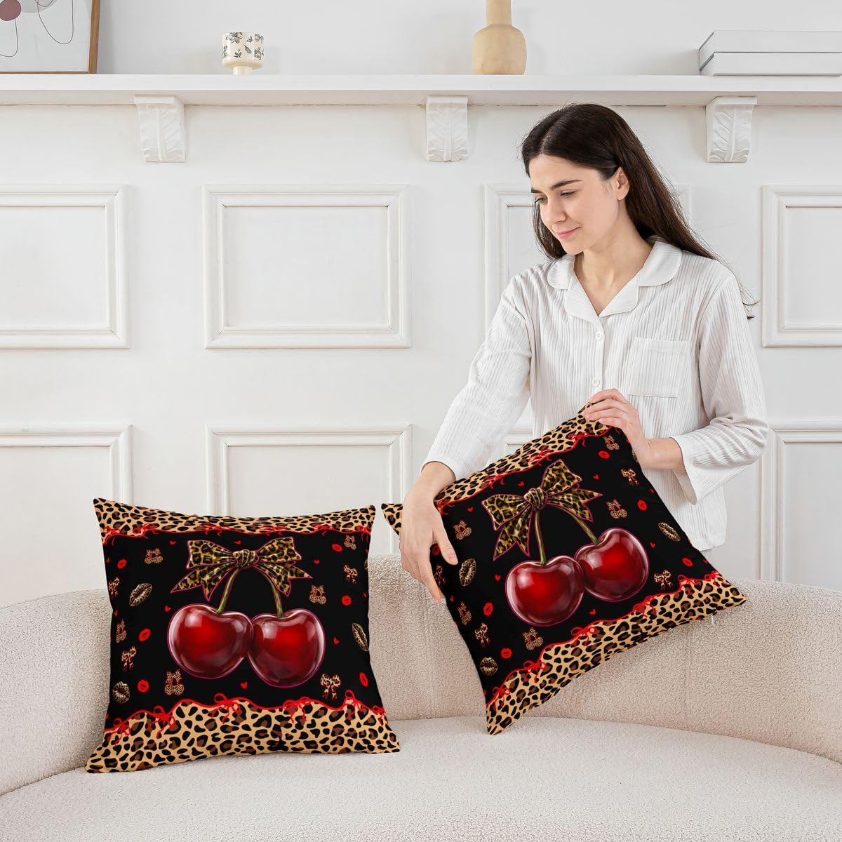 Feelyou Leopard Print Bow Throw Pillow Covers Set of 2 Kawaii Bowknot Cushion Case Cute Cherry Decor Pillowcase Black Red Indoor Outdoor Anime Super Soft 20 x 20-Inch image 4
