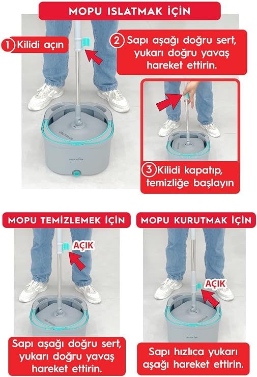 SMARTER Aqua Max ÖZEL SERİ ŞEFFAF Temiz&Kirli Suyu Ayırma Çift Kova Yedekli Temizlik Seti Mop Paspas