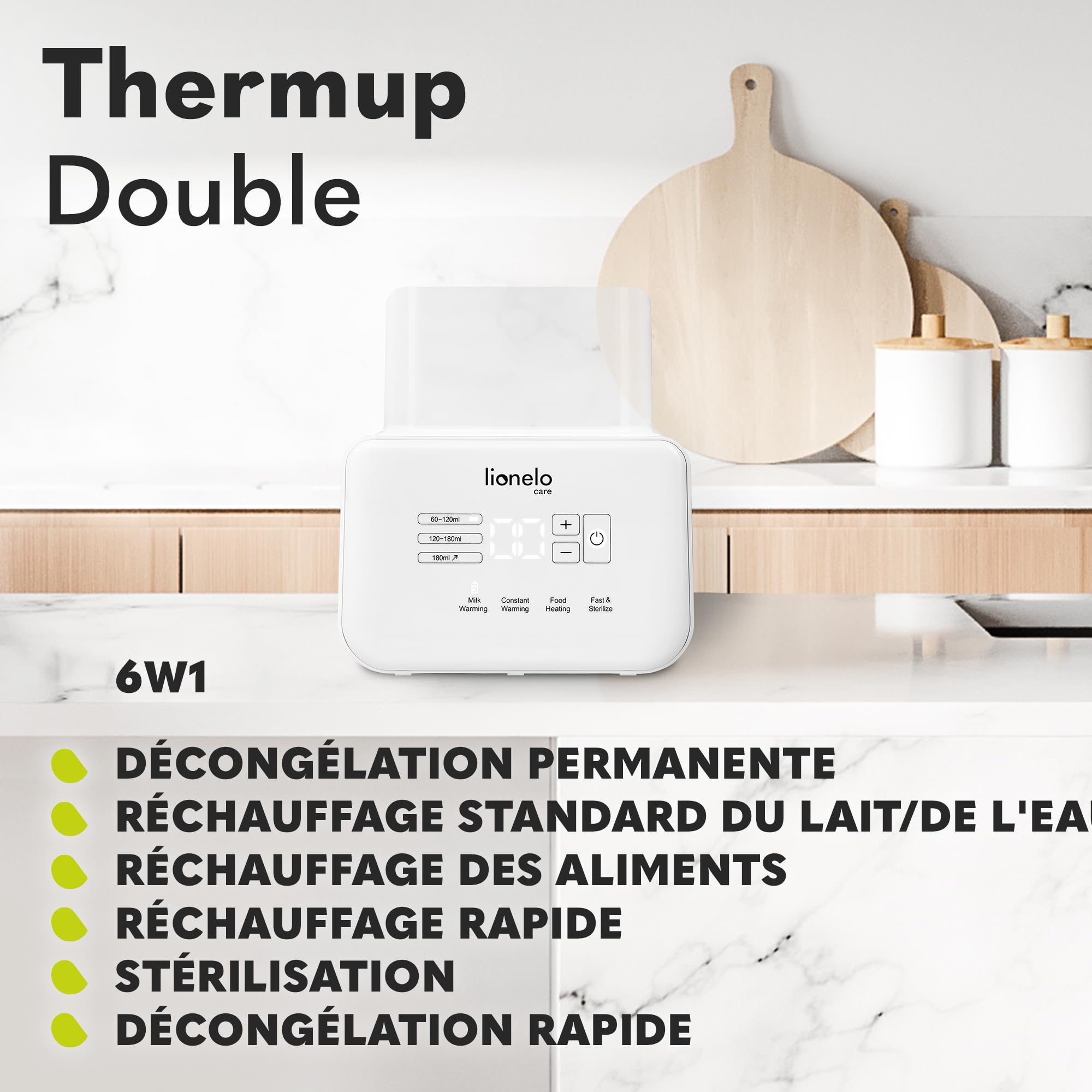 Lionelo Thermup Double Chauffe-Biberon 6 en 1, Chauffage Rapide dès 3 min | 2 biberons à la fois, stérilise, décongèle, garde au chaud 24 h, jusqu’à 100 °C, écran tactile lumineux, silencieux, Blanc