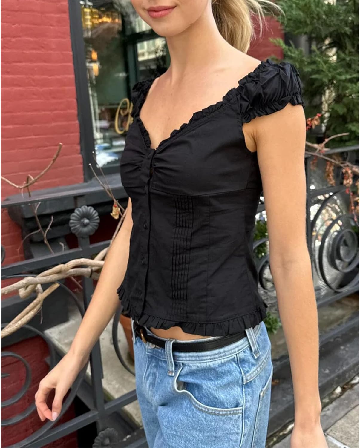 Women Button Down Lace Top V Neck Ruffle Sexy Low Cut Cap Sleeved Babydoll Cute Shirt Slim Fit Coquette Blouse - Image 3
