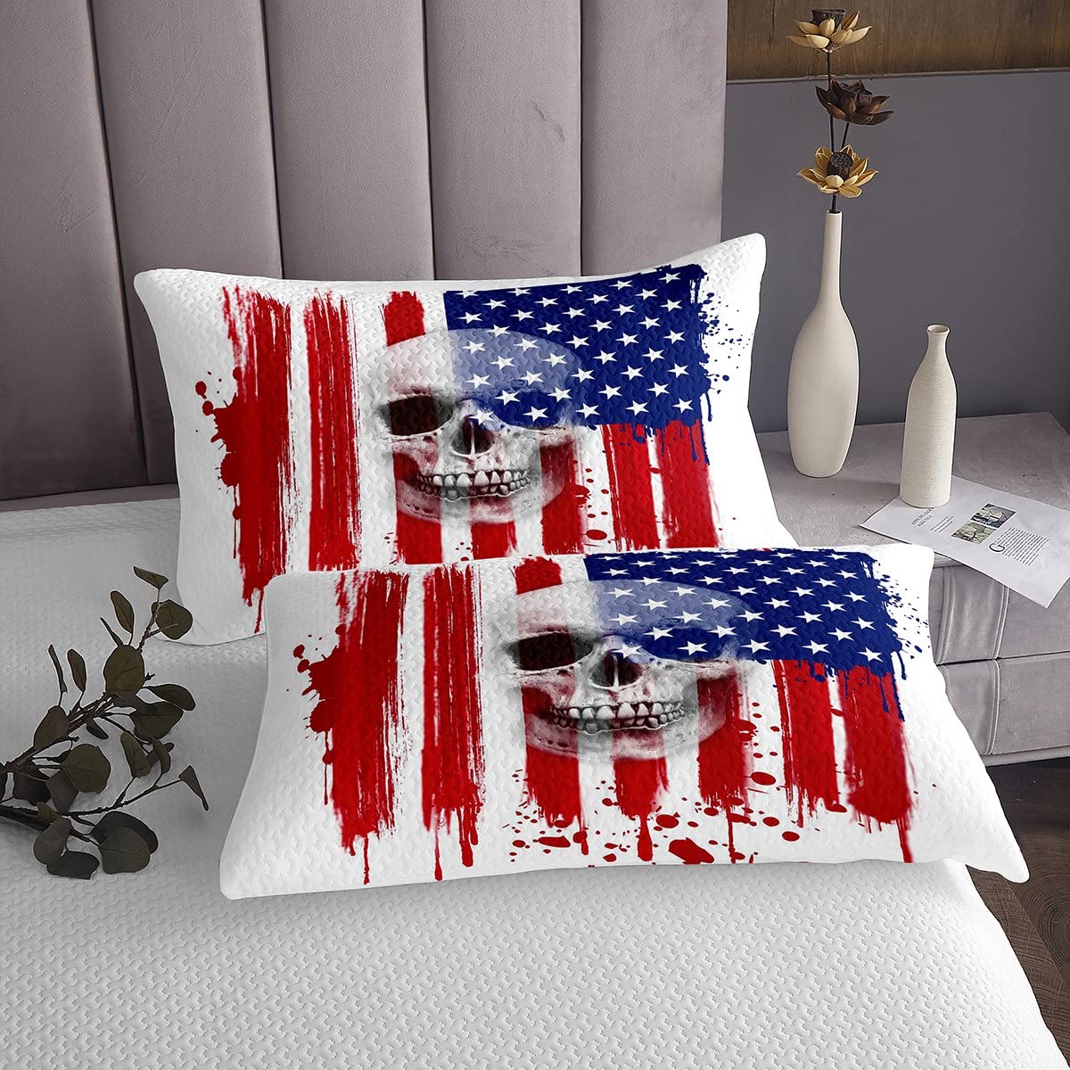 Kołdra z motywem trupiej czaszki, flaga amerykańska, gotycki szkielet, zestaw pościeli dla dzieci i chłopców, do sypialni, prezent, Blue Stars Art flaga USA, poliester, pikowana, 2 sztuki, 170 x 210