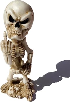 Middle Finger Skeleton Statue 7.3" Funny Bone Skull Decor, Gothic Flipping The Bird Figurine for Halloween, Office Prank & Dark Humor Collectibles
