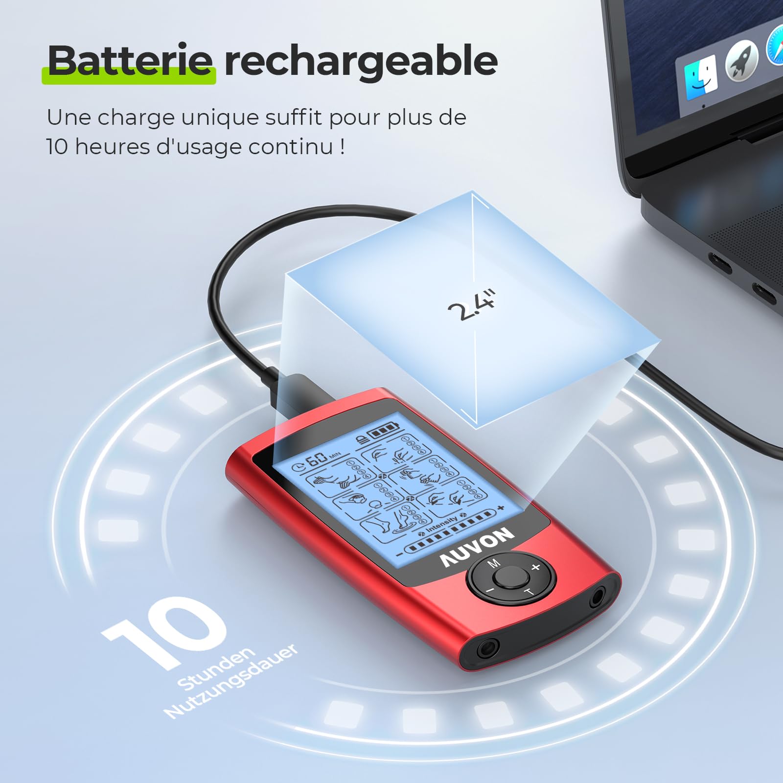 AUVON TENS electrostimulation appareil avec sac en EVA, Électrostimulateur musculaire rechargeable contre la douleur avec 24 programmes d'entraînement, 2 canaux appareil TENS rouge, 12 électrodes