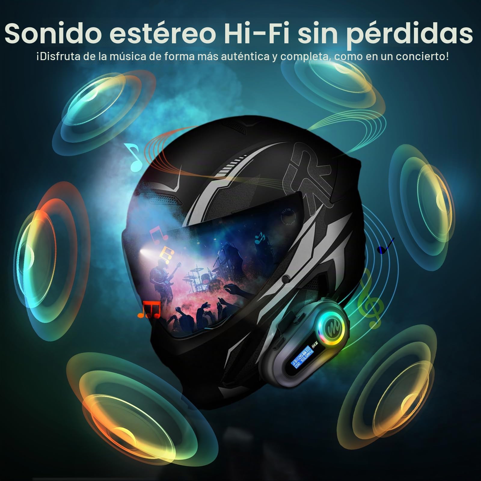 Moman Auriculares Casco Moto, H4M 【Pantalla LCD & 6 EQ Modo】 Manos Libres Motocicleta Auriculares Inalámbricos Capacete Moto HiFi Estéreo Cancelación de Ruido Radio FM Asistente de Voz Impermeable