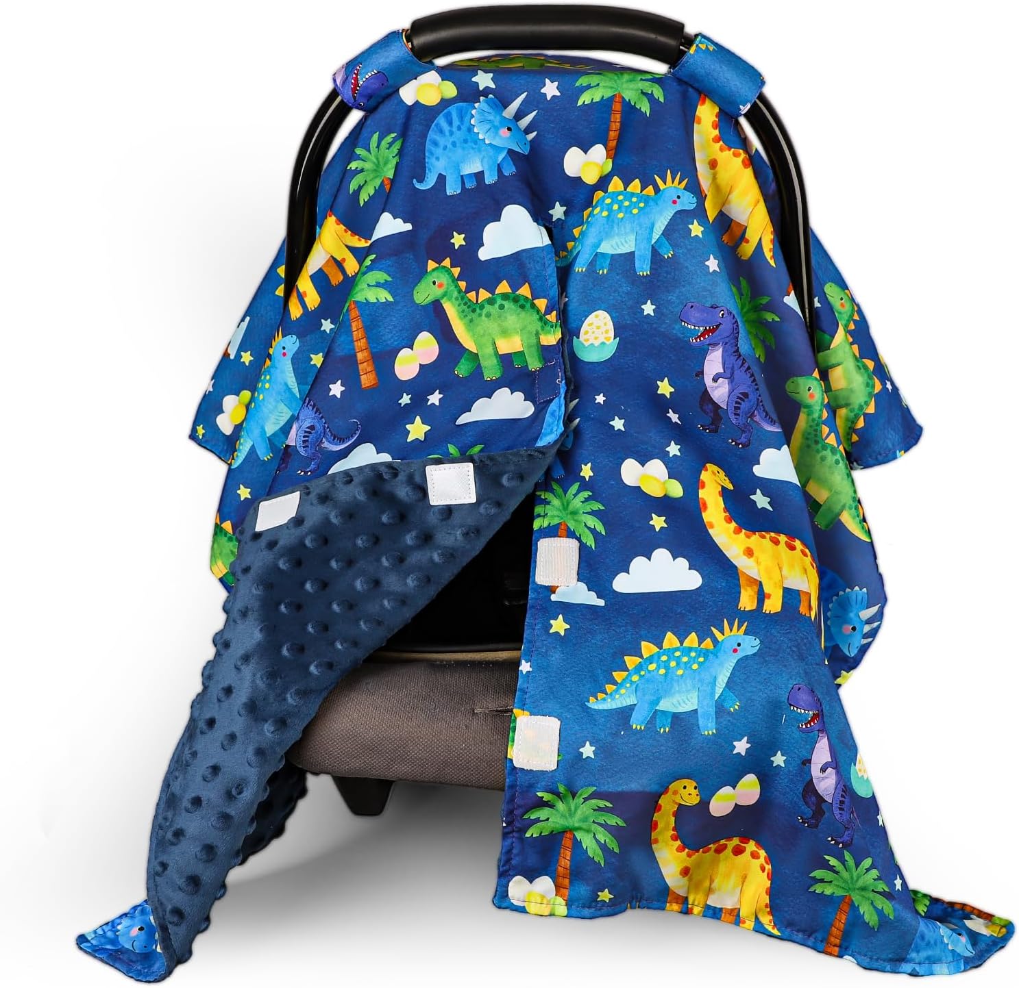 Hooyax Peekaboo Car Seat Cover for Baby Boy - Warm Minky Carseat Canopy with Adjustable Opening, Universal Fit for Infant Car Seats & Strollers, Soft Nursing Cover & Blanket (Dinosaur)