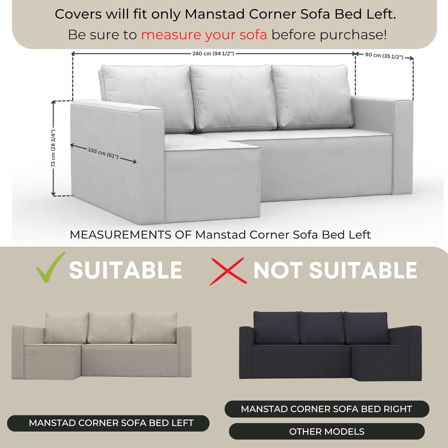 comfortly Cover for Manstad Corner Sofa Bed Left, Replacement Slipcover, Heavy Duty 5 pcs Cover, Soft Durable Washable Pet-Friendly Fabric, Easy to Clean & Replace (Tiffany - Dark Red)