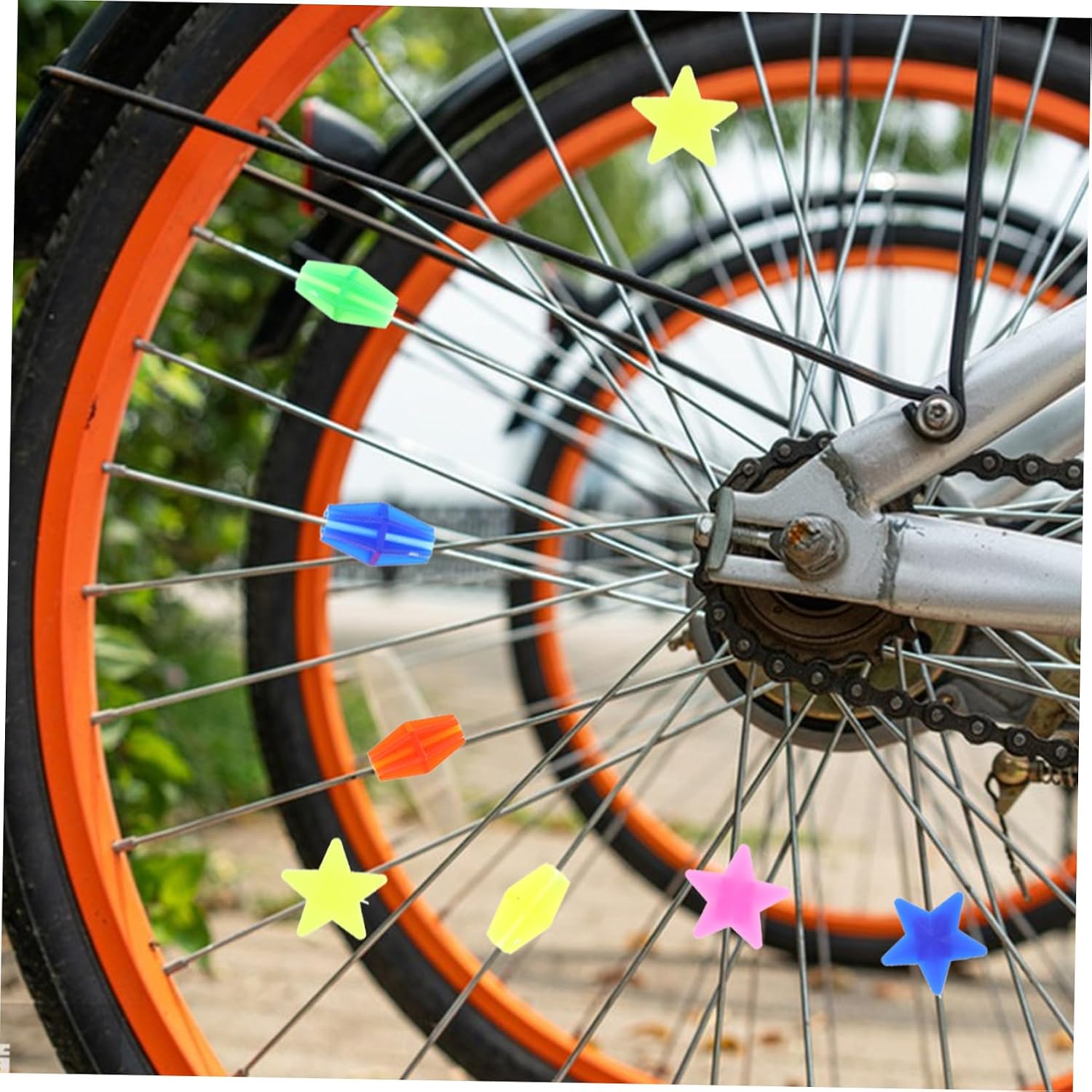 72pcs Bike Spoke Beads Creative Shaped Wheel Decorations with Star Long Beads PP Resin Easy Install Teens Bike Accessories for All Standard Bicycle Spokes