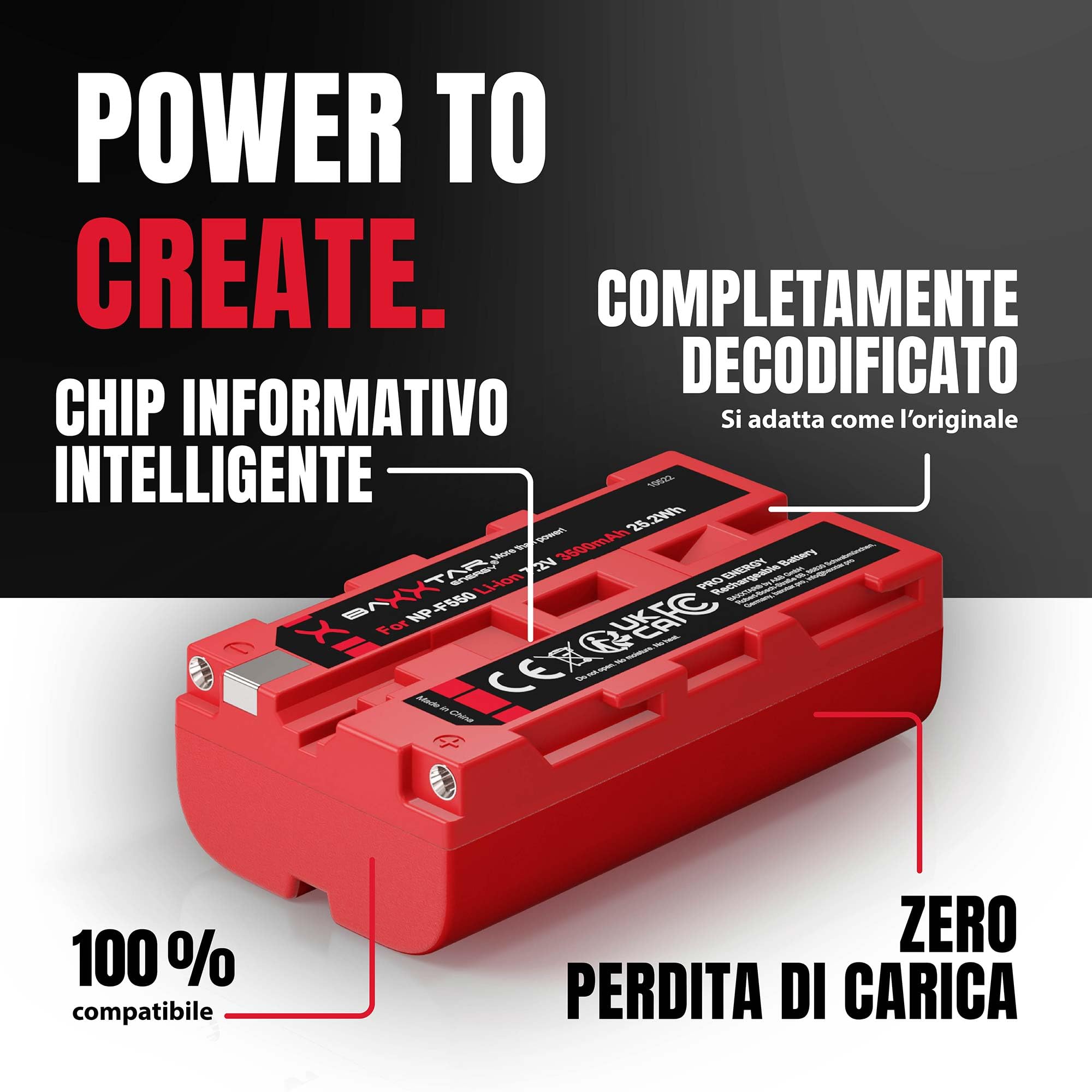 Baxxtar PRO 2x Batteria NP-F550 NP-F570 (3500 mAh / 25,2 Wh) con celle LG – per luci video LED (CN-160 YN-300), monitor da campo e dispositivi Sony NP-F – formato compatto F550