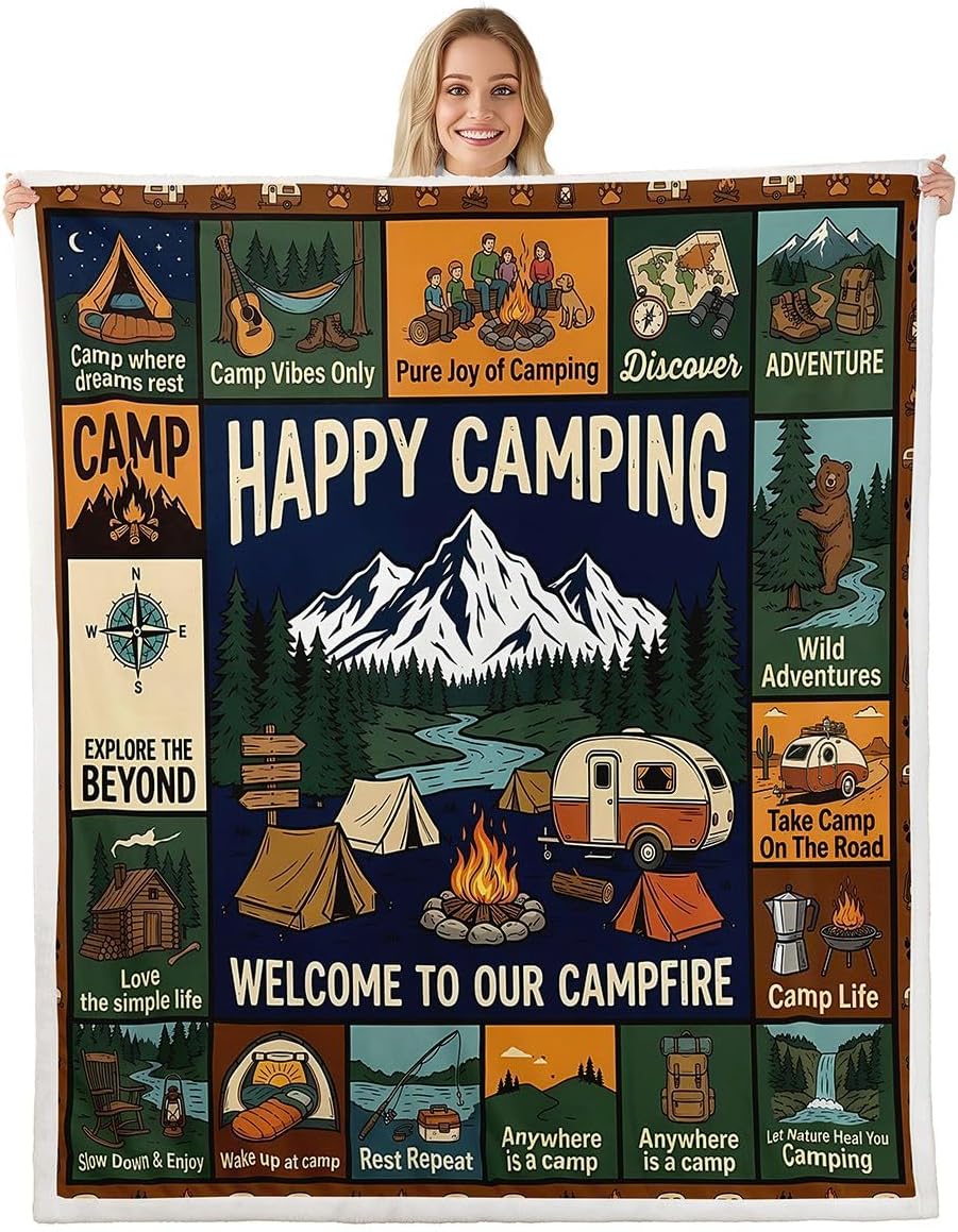 Erosebridal Camping Themed Throw Blanket 40"x50", Outdoor RV Bunk Camper Soft Blankets for Kids Girls Boys, Forest Bear Rustic Mountain Fleece Fuzzy Blanket, Camping Lover Gifts Bed Sofa Couch Decor