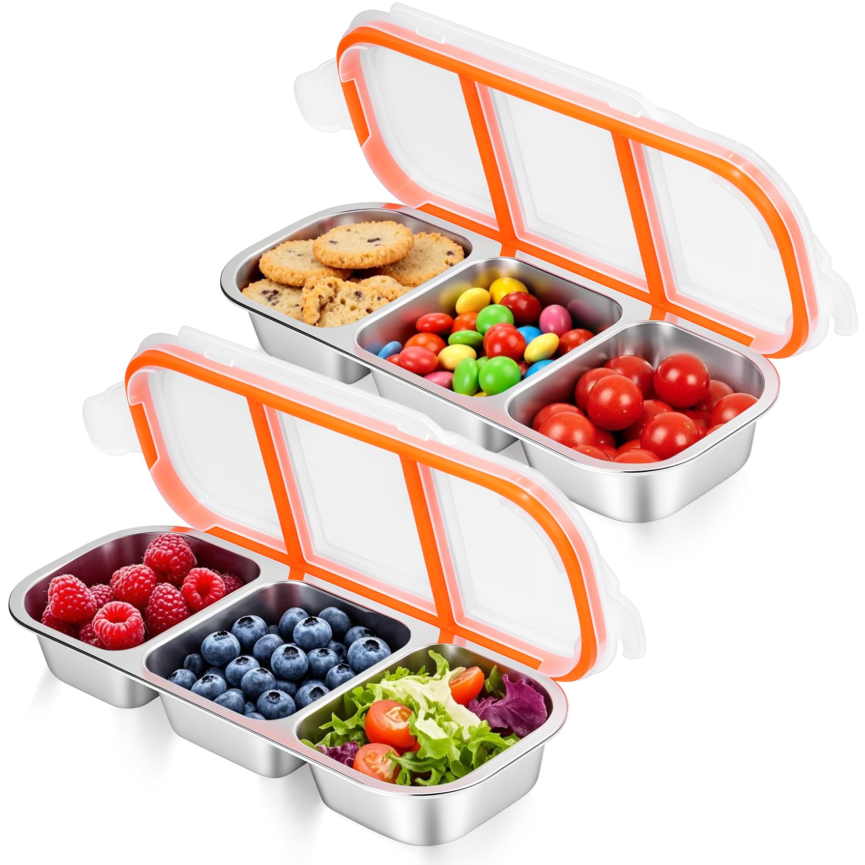 2 Pack Stainless Steel Snack Containers - Reusable 3 Compartment Condiment Box with Lids for Kids Adults, Grab and Go Divided Snack Food Storage Containers Sauce Cups for School, Travel-picture-17