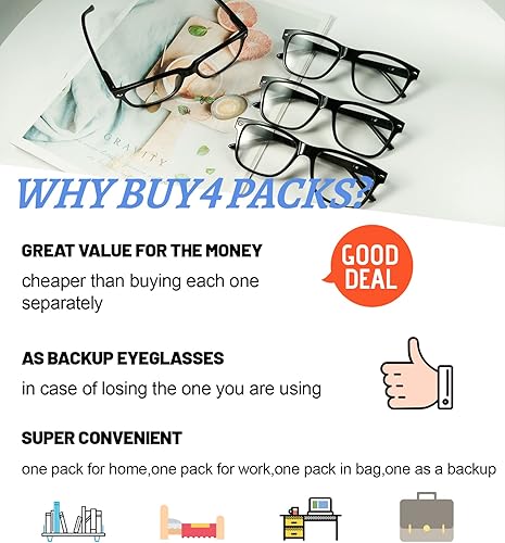 Miniatura 6 de WEMOOTANTS 4 Pack Reading Glasses with Spring Hinges, Rectangle Readers for Women Men 1.0 1.25 1.5 1.75 2.0 to 4.0