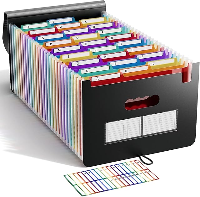 Expanding File Folder 26 Pockets/Plastic Accordian File Organiser A4 Size/Portable Expandable Filling Box/Accordion Document Coupon Bill Receipt Organiser, A-Z Alphabet Colored Tab