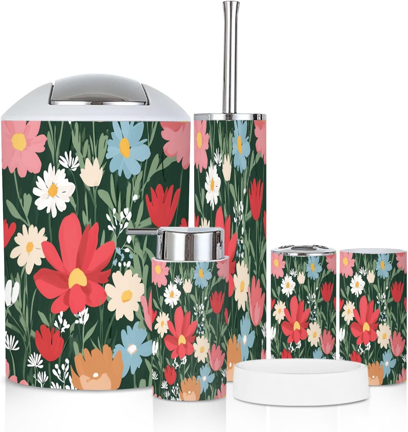 Bathroom Accessory Set 6 Piece Colorful Floral Red Pink Blue Flowers Green Trash can, Toothbrush Holder, Soap Dispenser, Soap Dish, Toothbrush Cup, Toilet Brush Holder