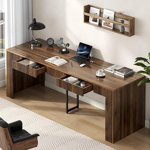 Gyfimoie 78.74" Executive Desk, Large Office Desk with 2 Drawer, Farmhouse Wooden Computer Desk Writing Table Conference Workstation Table for Office, Study, Dark Brown
