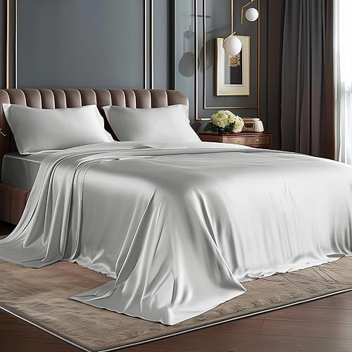 BEDELITE King Size Sheets Set, Luxury Soft Grey Satin Sheets for Hair and Skin, Similar to Silk Bed Sheets Set 4 Pieces with 1 Deep Pocket Fitted Sheet, 1 Flat Sheet, and 2 Pillowcases - Grey - King