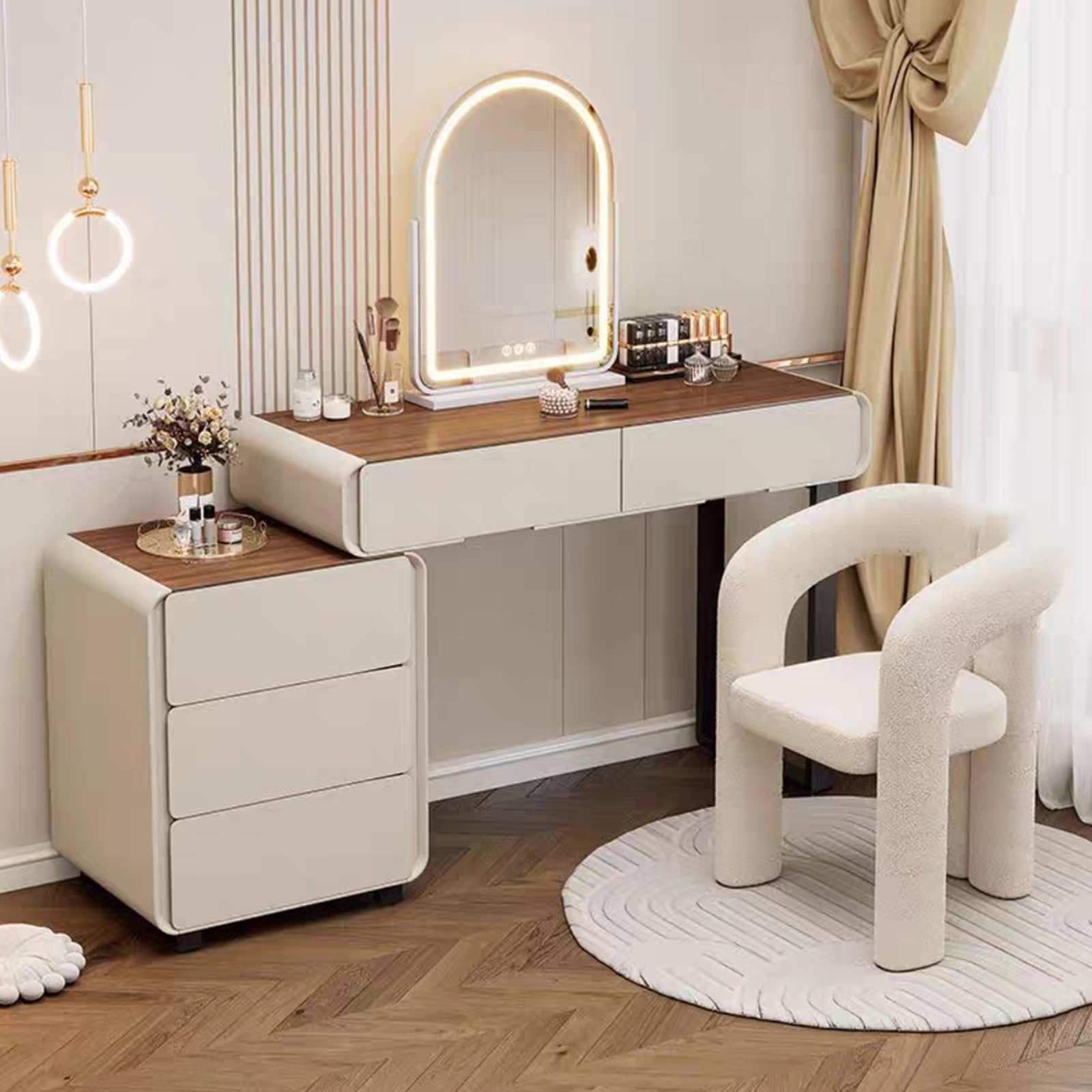 asdchZen Walnut Dimming Mirror Touch Dressing Table With Color Led Stylish Vanity Desk For Women & Girls Nightstand Included-Perfect For Bedroom Decor,120Cm