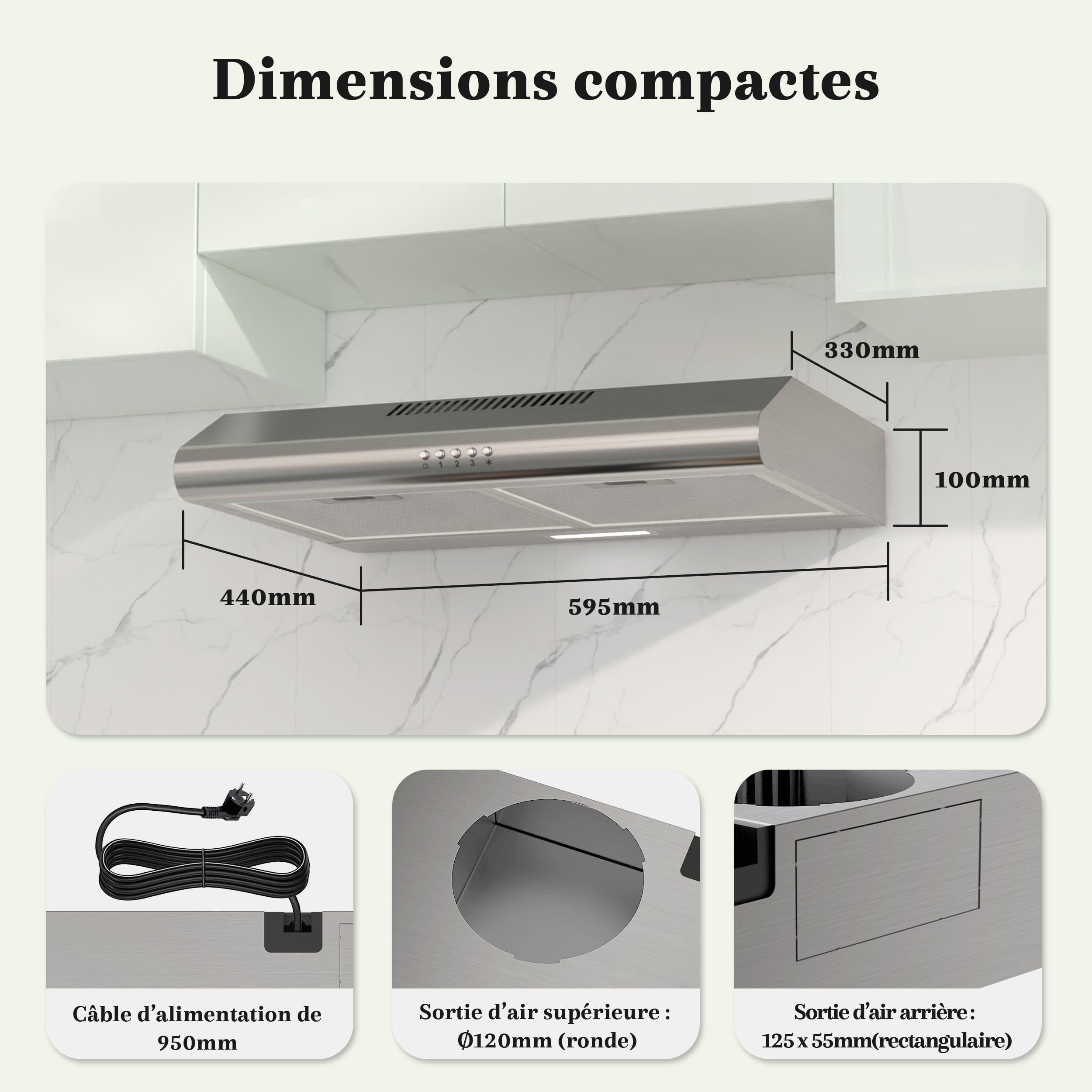 FIREGAS Hotte Aspirante 60cm Classe A++, Moteur Brushless Ultra Silencieuse 46dB, Débit 319m³/h, Hotte Cuisine Inox avec Filtre à Charbon, Évacuation Top/Arrière ou Recyclage, Argenté