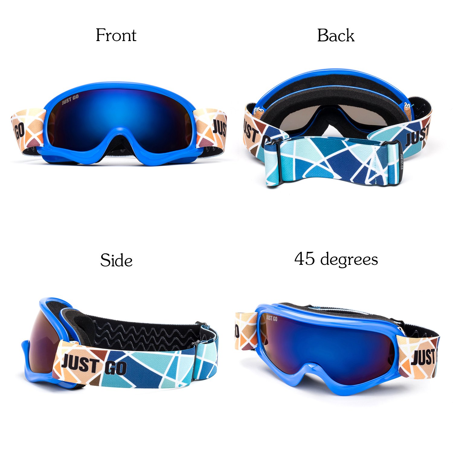 JUST GO Gogle narciarskie dla dzieci z etui EVA, gogle snowboardowe, przeciwmgielne, dwuwarstwowe soczewki ochronne UV 400, dla chłopców i dziewczynek, niebieska ramka, niebieskie soczewki REVO (VLT