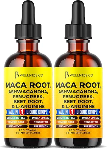 Gotas líquidas de raíz de maca orgánica con Ashwagandha, ortiga, fenogreco, raíz de remolacha y multivitamínico líquido de L-arginina para mujeres y