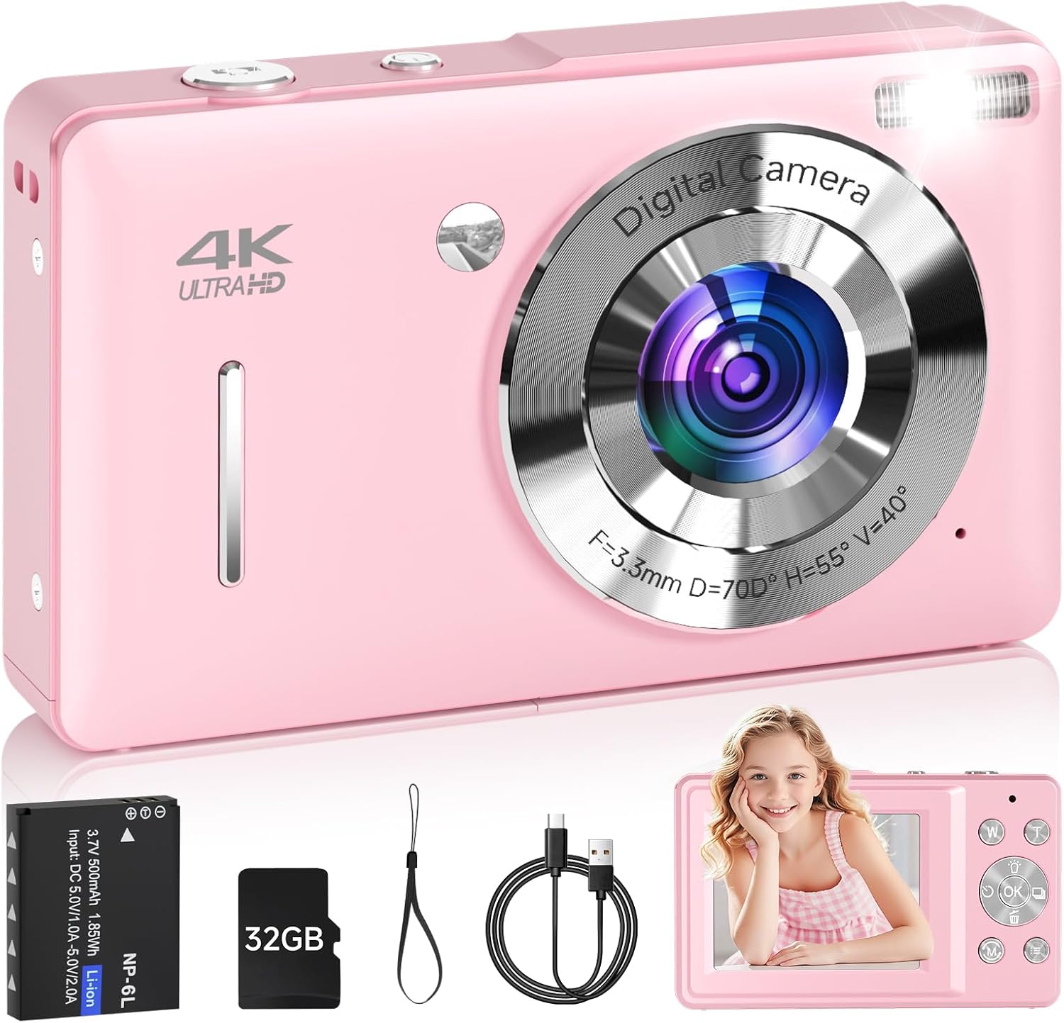 Cámara digital para niños, FHD 1080P 44MP apuntar y disparar cámara digital con detección facial, cámara rosa