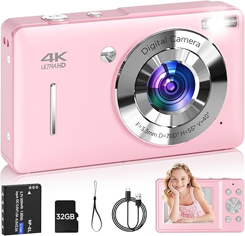 Cámara digital para niños, FHD 1080P 44MP apuntar y disparar cámara digital con detección facial, cámara rosa