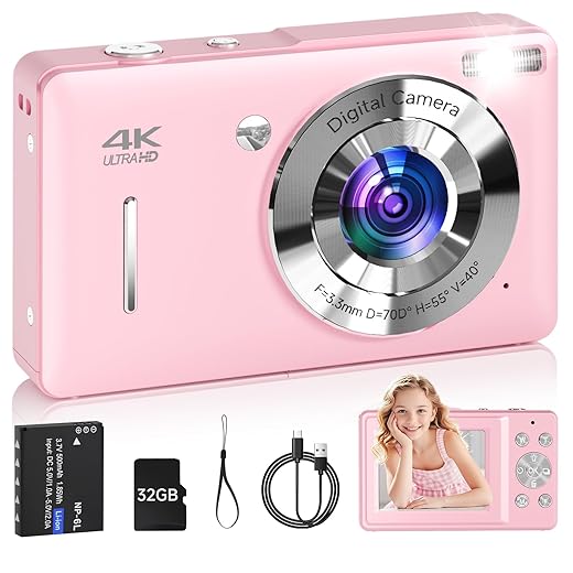 Digital Camera for Kids, FHD 1080P 44MP Point and Shoot Digital Camera with Face Detect, Pink Camera