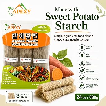 APEXY Sweet Potato Glass Noodles, Japchae Noodles, Korean Vermicelli Pasta, Fat-free and Gluten-free, 100% Sweet Potato Starch, No Additive, No Alum inside, 24oz (680g)