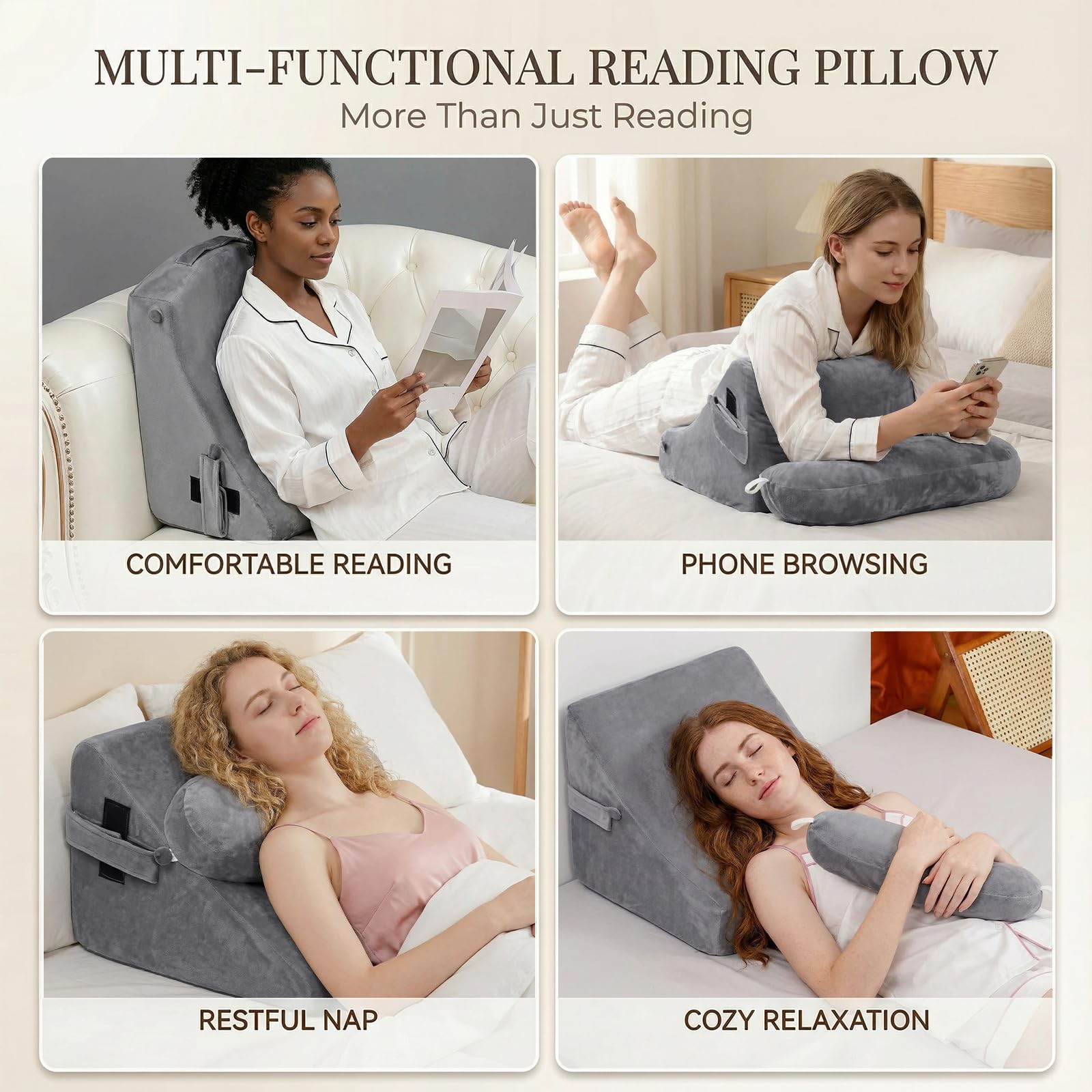 Lesekissen für Erwachsene - Rückenkissen fürs Bett mit abnehmbaren Armlehnen, Getränkehalter & Handyablage - Kissenrückenlehne für bequemes Sitzen im Bett (GRAU, 53 cm)