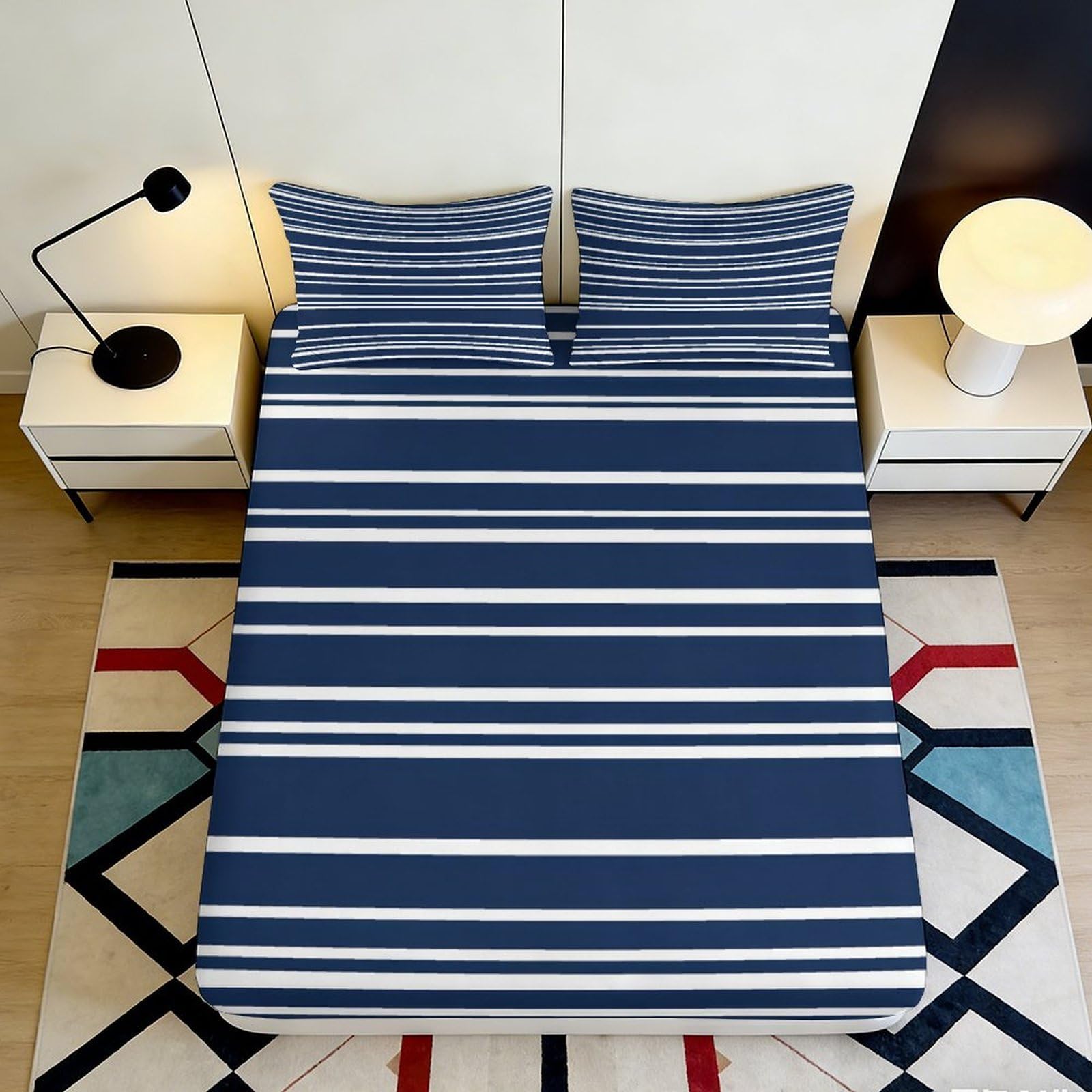 3D Printed navy striped Fitted Sheet, soft touch Microfiber, wrinkle resistant, home bedroom decor, mattress cover, apartment bedding, machine washable, easy care, 112 90x200x25cm