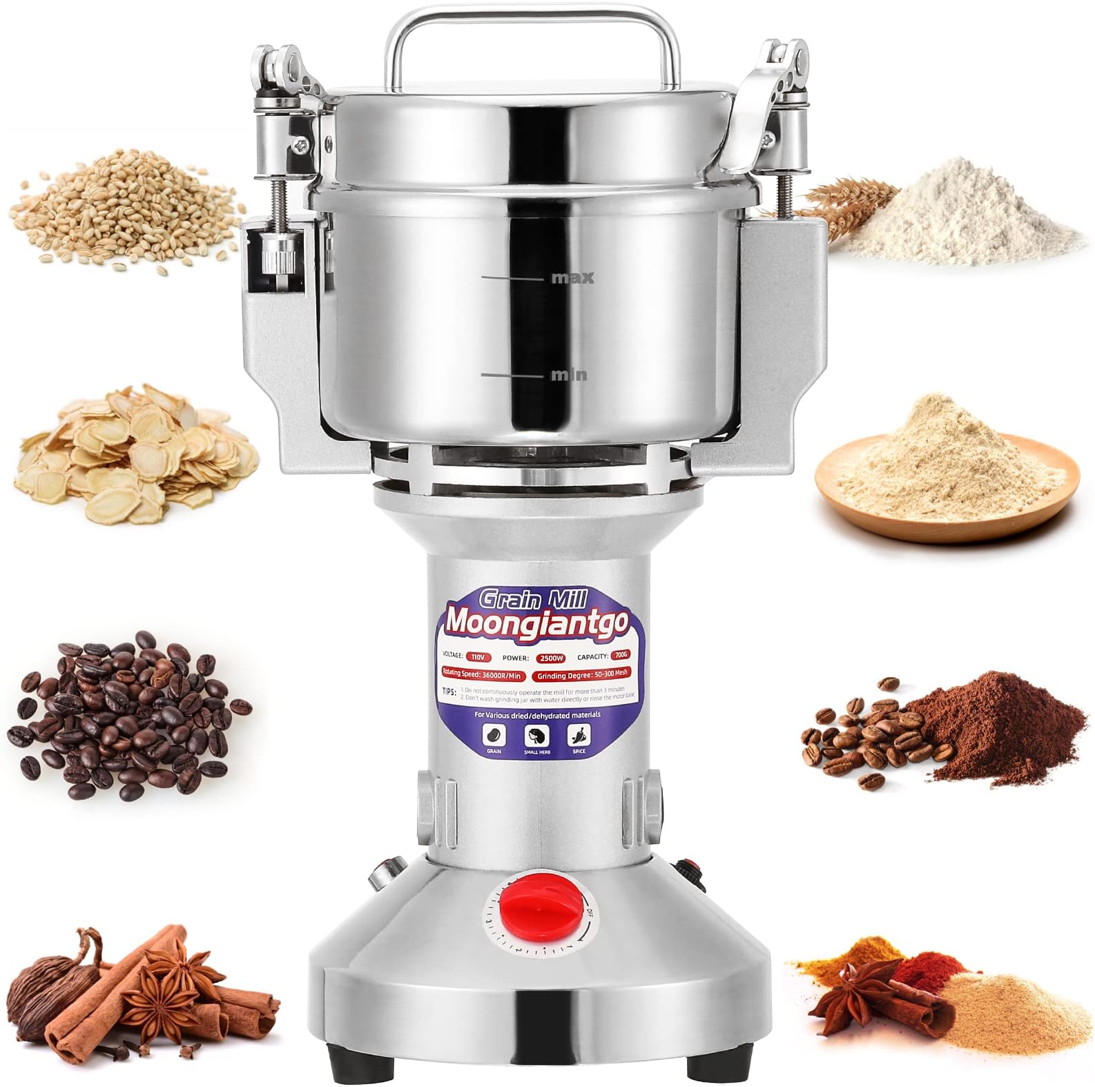 Grain Mill Grinder Electric 500g Commercial Spice Grinder 2500W Stainless Steel Pulverizer Dry Grinder Grinding Machine (500g Upright, 110V)