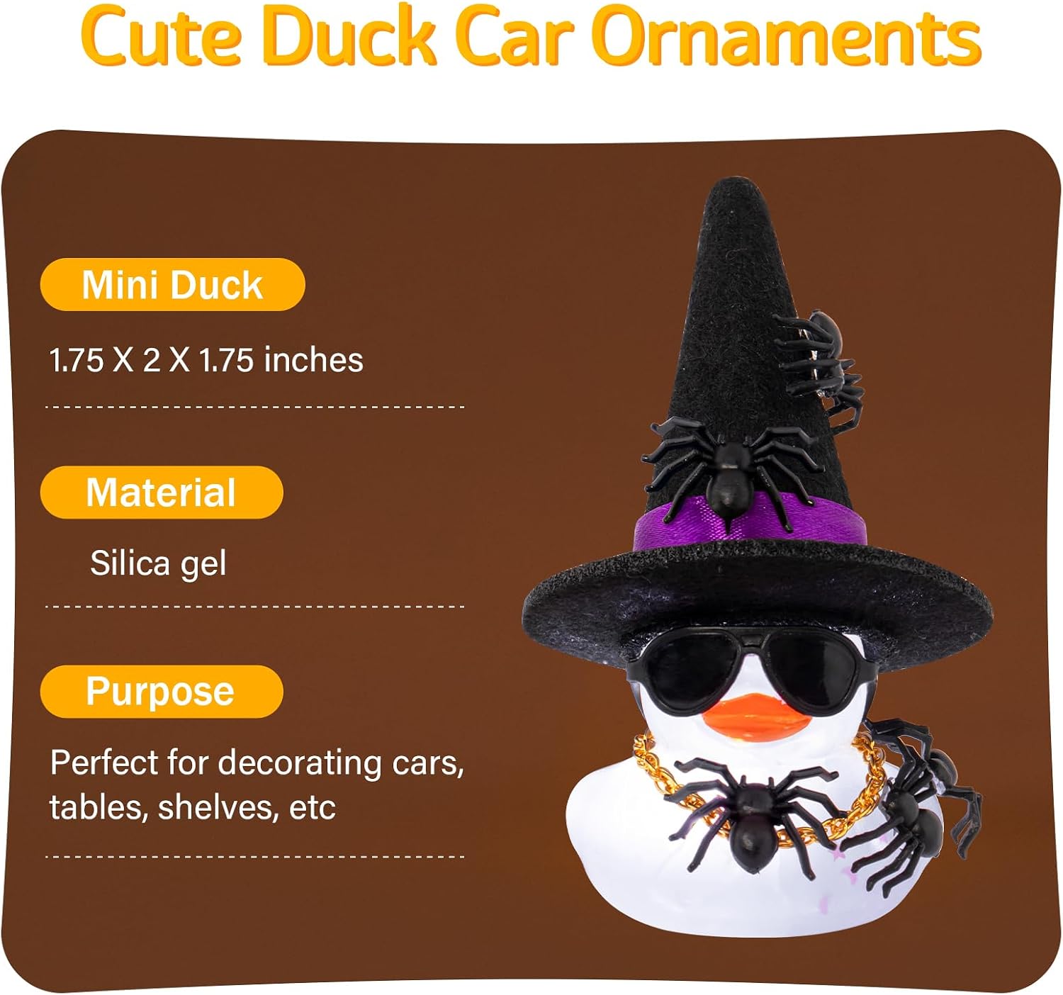 wonuu Spider Rubber Duck with Light for Halloween Decoration Car Ornament Home Decor Mini Transparent Glowing Ducky with Sunglasses Necklace, Assemble Needed, White Light Purple