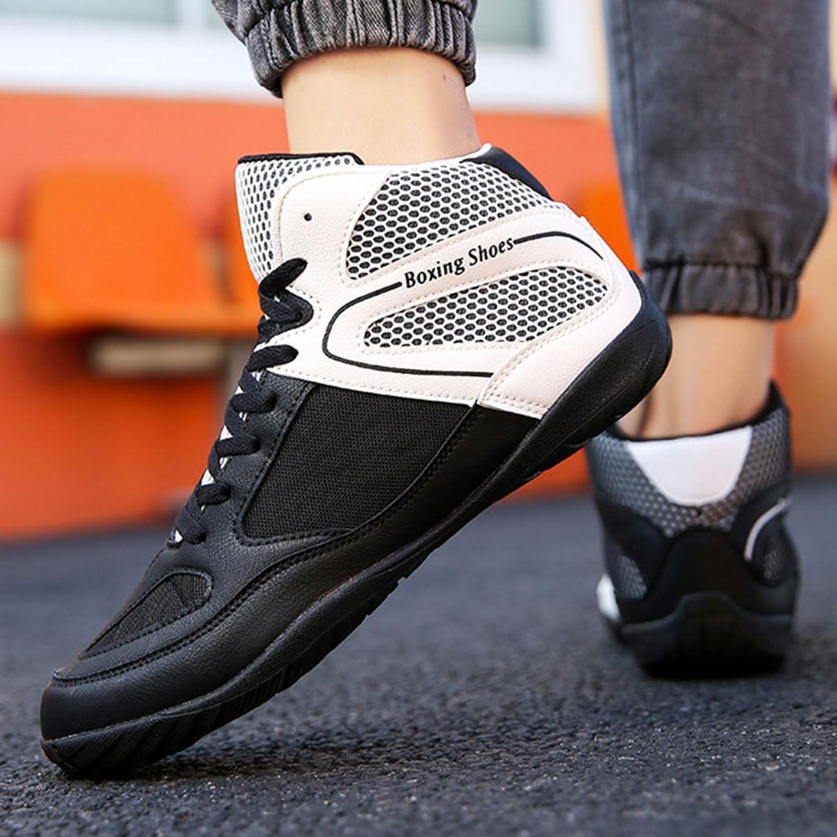 Men Mesh Synthetic Leather Wrestling Shoes Lightweight High Top Boxing Sneakers for Gym, Powerlifting, Bodybuilding, Training