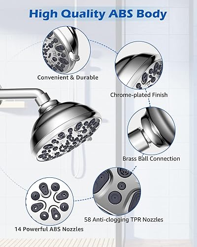 Miniatura 9 de Cabezal de ducha de alta presión fijo de 4.7 pulgadas, 7 ajustes de pulverización con junta de bola giratoria de latón ajustable, excelente