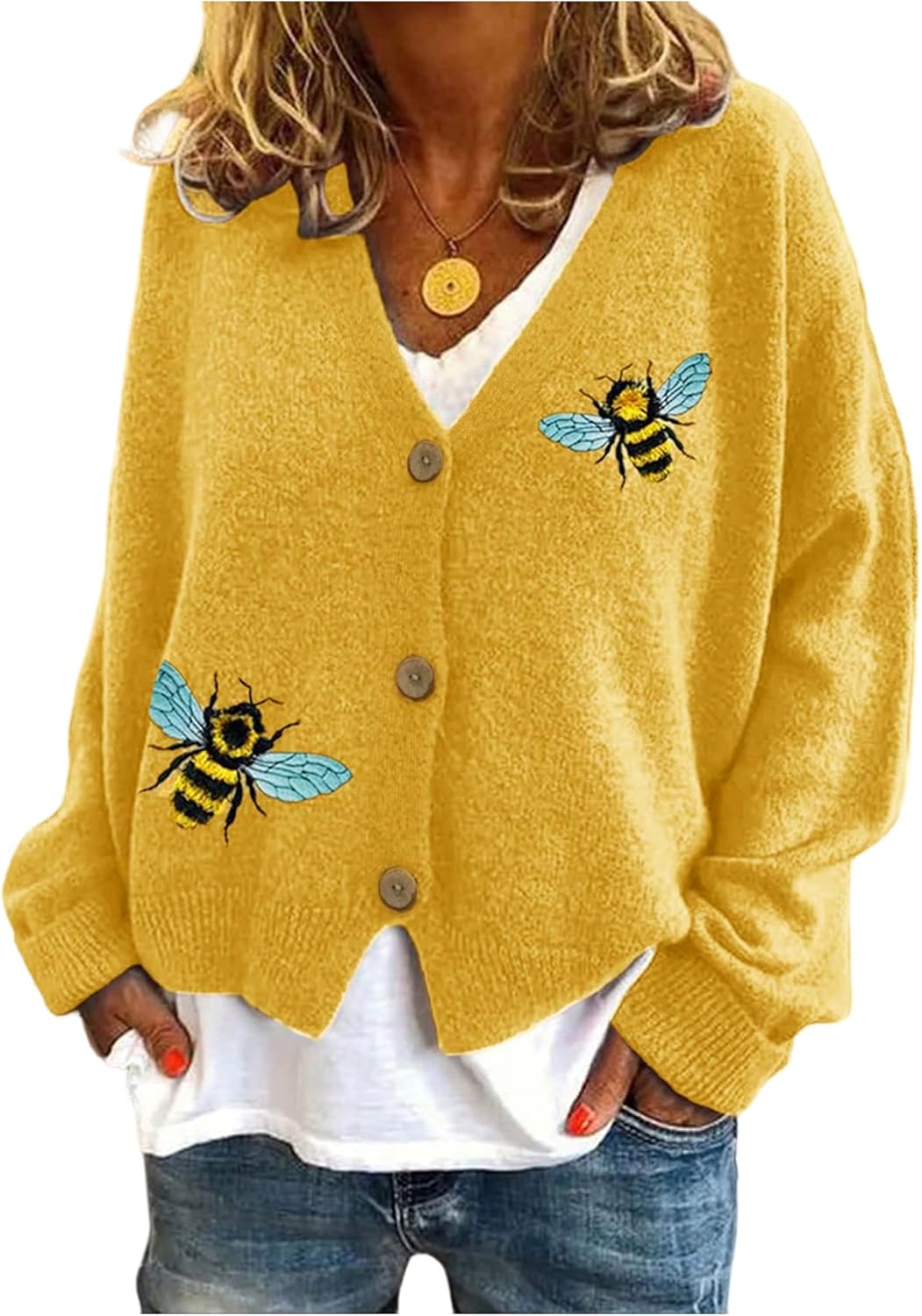 Women's Cute Embroidered Sweater Button Down Cardigans Loose Fit Fall Tops