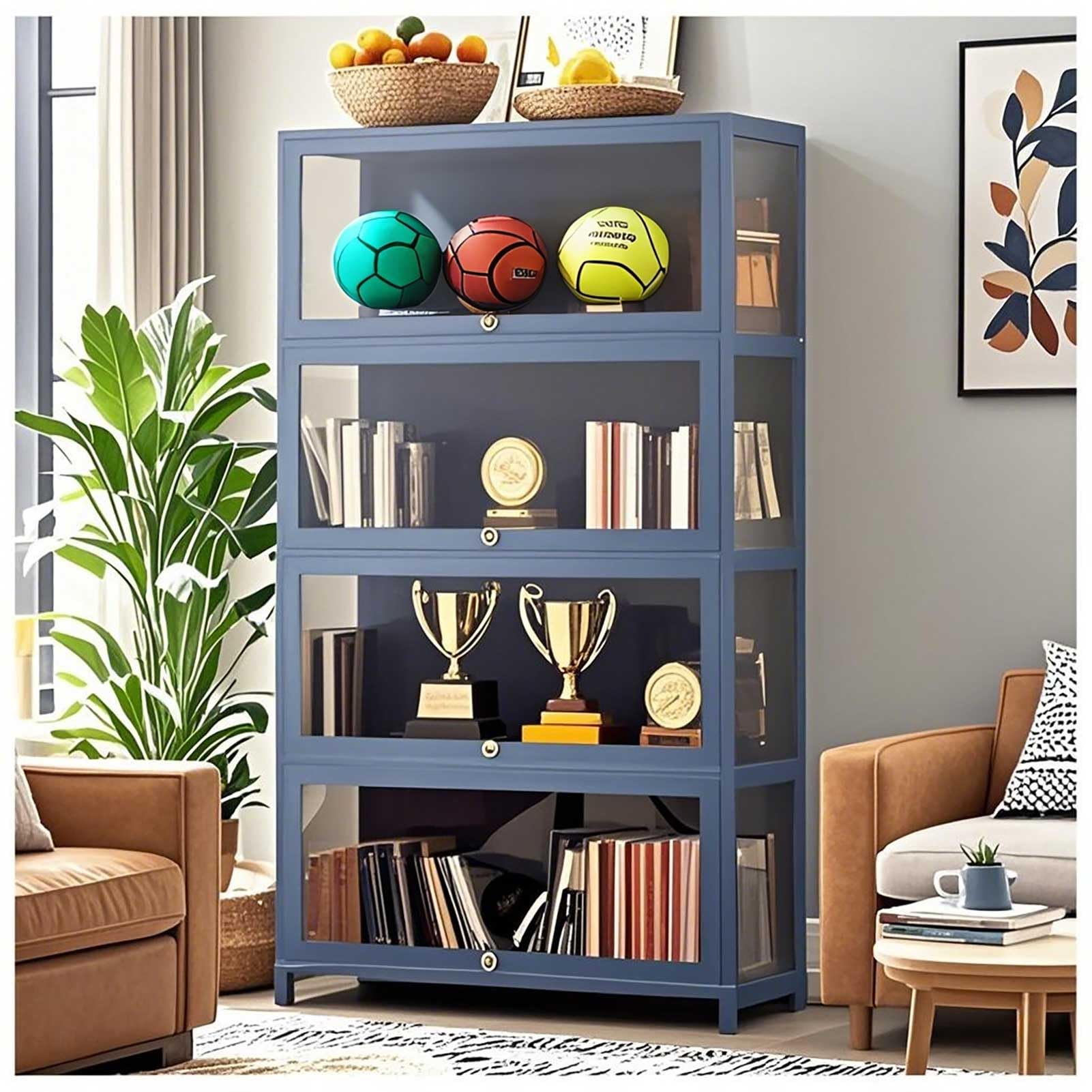 Vetrina Curio, Ripiani portaoggetti a 3/4 Livelli con Anta in Acrilico, Organizer per Giocattoli da Collezione e mensola espositiva, libreria e libreria per Sala Giochi, Camera da Letto, Gri